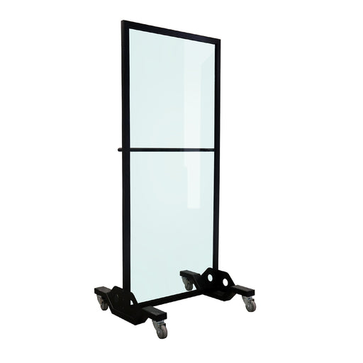 Front view of the Mobile Safe Shield™ — a bullet resistant rolling shield with clear ballistic glass, black steel frame, integrated hand rail, and heavy-duty caster wheels for mobility.