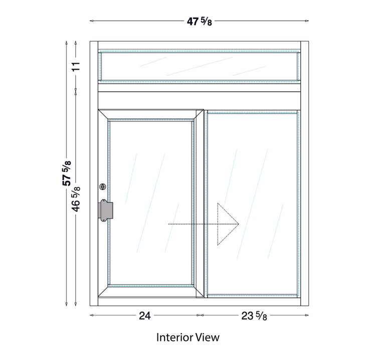 QS-FAH-131055  | Drive Thru Slider window with transom, 47-5/8" (W) x 57-5/8" (H), 1/4" tempered glass