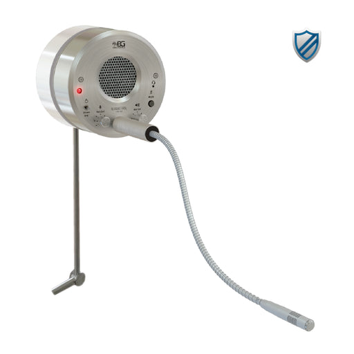 A silver window intercom system made of aluminum and steel with a gooseneck microphone, buttons, and a visual speaker window.