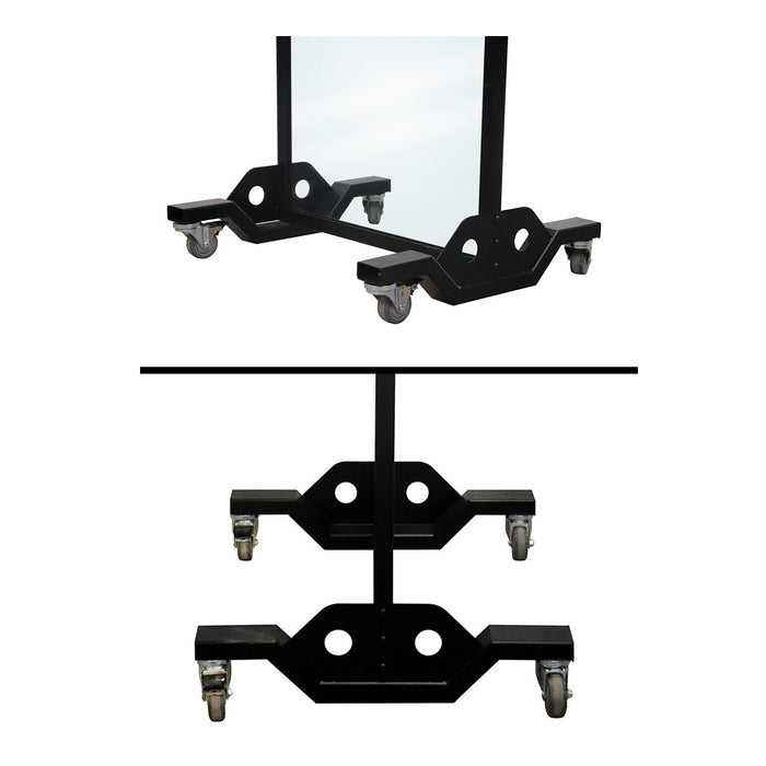 Close-up view of the Mobile Safe Shield™ base showing heavy-duty swivel caster wheels and reinforced steel frame for mobility and stability.