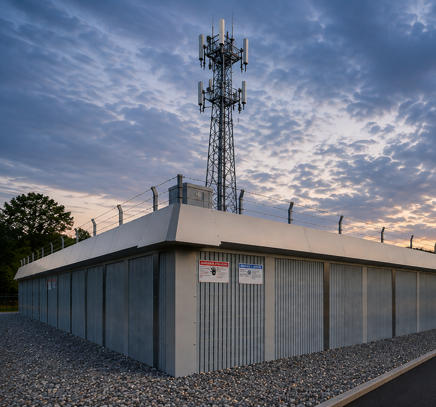 A compact compound system for tower and base station sites, including a public-facing beautification run and interior ballistic protection for critical equipment.