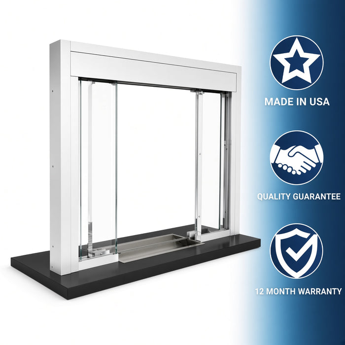 A white sliding glass door frame with clear glass panels and a black base, shown on a white background with a blue gradient sidebar containing 'MADE IN USA', 'QUALITY GUARANTEE', and '12 MONTH WARRANTY' icons.