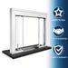A white sliding glass door frame with clear glass panels and a black base, shown on a white background with a blue gradient sidebar containing 'MADE IN USA', 'QUALITY GUARANTEE', and '12 MONTH WARRANTY' icons.