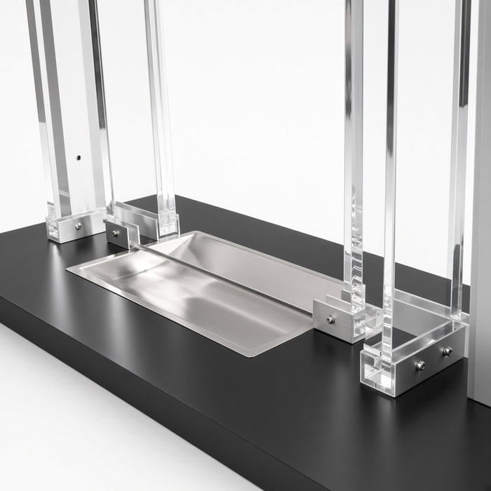 Close up of Base Clear Anodized Aluminum Frame with Glass Baffled Transaction Window with Base and Deal Tray