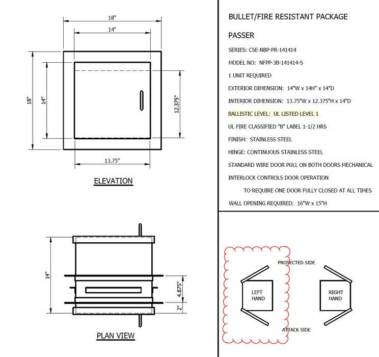 FAH Fire Rated Bullet Resistant Pass Thru Package Receiver | UL Level 1 | Compatible with 5" - 9" Wall Depths