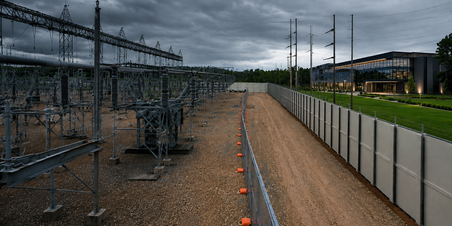 Anti-climb perimeter fencing around a data center campus
